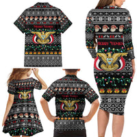 Yemen Christmas Family Matching Long Sleeve Bodycon Dress and Hawaiian Shirt with Traditional Santa Black Snowflake Pattern and Festive Lights - Wonder Print Shop