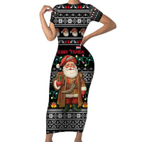 Yemen Christmas Family Matching Short Sleeve Bodycon Dress and Hawaiian Shirt with Traditional Santa Black Snowflake Pattern and Festive Lights - Wonder Print Shop