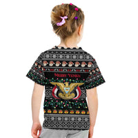 Yemen Christmas Kid T Shirt with Traditional Santa Black Snowflake Pattern and Festive Lights - Wonder Print Shop