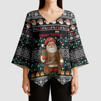 Yemen Christmas Kimono Sleeve Blouse with Traditional Santa Black Snowflake Pattern and Festive Lights - Wonder Print Shop