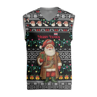 Yemen Christmas Knitted V-Neck Vest with Traditional Santa Black Snowflake Pattern and Festive Lights - Wonder Print Shop