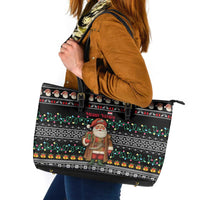 Yemen Christmas Leather Tote Bag with Traditional Santa Black Snowflake Pattern and Festive Lights - Wonder Print Shop