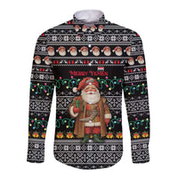 Yemen Christmas Long Sleeve Button Shirt with Traditional Santa Black Snowflake Pattern and Festive Lights - Wonder Print Shop