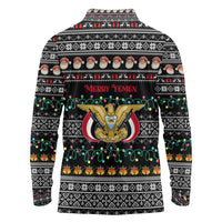 Yemen Christmas Long Sleeve Polo Shirt with Traditional Santa Black Snowflake Pattern and Festive Lights - Wonder Print Shop