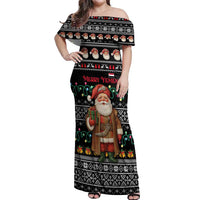 Yemen Christmas Off Shoulder Maxi Dress with Traditional Santa Black Snowflake Pattern and Festive Lights - Wonder Print Shop