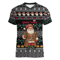 Yemen Christmas Women V-Neck T-Shirt with Traditional Santa Black Snowflake Pattern and Festive Lights - Wonder Print Shop