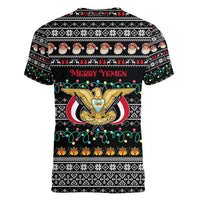 Yemen Christmas Women V-Neck T-Shirt with Traditional Santa Black Snowflake Pattern and Festive Lights - Wonder Print Shop