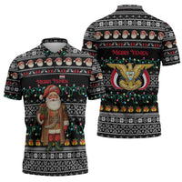 Yemen Christmas Zipper Polo Shirt with Traditional Santa Black Snowflake Pattern and Festive Lights - Wonder Print Shop