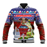 Liechtenstein Christmas Baseball Jacket with Reindeer Character Holiday Village and Plaid Sleeves - Wonder Print Shop