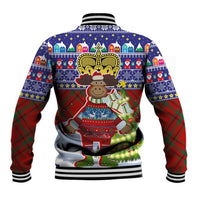 Liechtenstein Christmas Baseball Jacket with Reindeer Character Holiday Village and Plaid Sleeves - Wonder Print Shop