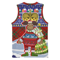 Liechtenstein Christmas Basketball Jersey with Reindeer Character Holiday Village and Plaid Sleeves - Wonder Print Shop
