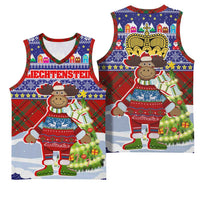 Liechtenstein Christmas Basketball Jersey with Reindeer Character Holiday Village and Plaid Sleeves - Wonder Print Shop