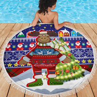 Liechtenstein Christmas Beach Blanket with Reindeer Character Holiday Village and Plaid Sleeves - Wonder Print Shop