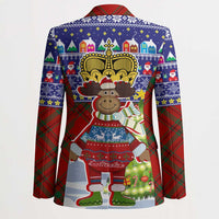 Liechtenstein Christmas Blazer with Reindeer Character Holiday Village and Plaid Sleeves - Wonder Print Shop