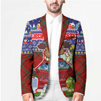Liechtenstein Christmas Blazer with Reindeer Character Holiday Village and Plaid Sleeves - Wonder Print Shop