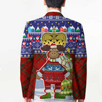 Liechtenstein Christmas Blazer with Reindeer Character Holiday Village and Plaid Sleeves - Wonder Print Shop