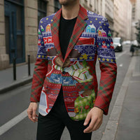 Liechtenstein Christmas Blazer with Reindeer Character Holiday Village and Plaid Sleeves - Wonder Print Shop