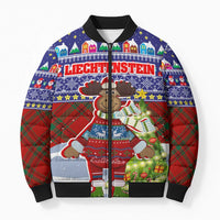 Liechtenstein Christmas Bomber Puffer Jacket with Reindeer Character Holiday Village and Plaid Sleeves - Wonder Print Shop