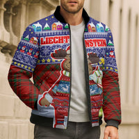 Liechtenstein Christmas Bomber Puffer Jacket with Reindeer Character Holiday Village and Plaid Sleeves - Wonder Print Shop
