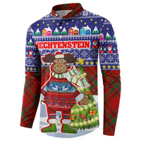 Liechtenstein Christmas Button Sweatshirt with Reindeer Character Holiday Village and Plaid Sleeves - Wonder Print Shop
