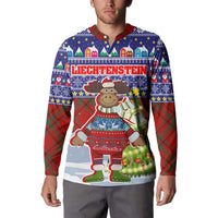 Liechtenstein Christmas Button Sweatshirt with Reindeer Character Holiday Village and Plaid Sleeves - Wonder Print Shop