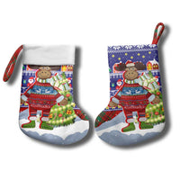 Liechtenstein Christmas Stocking with Reindeer Character Holiday Village and Plaid Sleeves - Wonder Print Shop