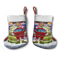 Liechtenstein Christmas Stocking with Reindeer Character Holiday Village and Plaid Sleeves - Wonder Print Shop
