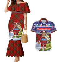 Liechtenstein Christmas Couples Matching Mermaid Dress and Hawaiian Shirt with Reindeer Character Holiday Village and Plaid Sleeves - Wonder Print Shop