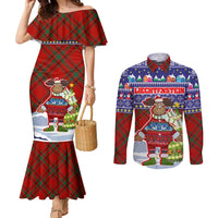 Liechtenstein Christmas Couples Matching Mermaid Dress and Long Sleeve Button Shirt with Reindeer Character Holiday Village and Plaid Sleeves - Wonder Print Shop