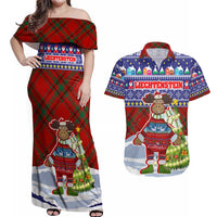 Liechtenstein Christmas Couples Matching Off Shoulder Maxi Dress and Hawaiian Shirt with Reindeer Character Holiday Village and Plaid Sleeves - Wonder Print Shop