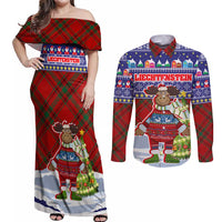 Liechtenstein Christmas Couples Matching Off Shoulder Maxi Dress and Long Sleeve Button Shirt with Reindeer Character Holiday Village and Plaid Sleeves - Wonder Print Shop