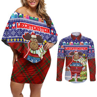 Liechtenstein Christmas Couples Matching Off Shoulder Short Dress and Long Sleeve Button Shirt with Reindeer Character Holiday Village and Plaid Sleeves - Wonder Print Shop