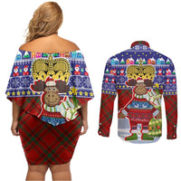Liechtenstein Christmas Couples Matching Off Shoulder Short Dress and Long Sleeve Button Shirt with Reindeer Character Holiday Village and Plaid Sleeves - Wonder Print Shop