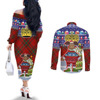 Liechtenstein Christmas Couples Matching Off The Shoulder Long Sleeve Dress and Long Sleeve Button Shirt with Reindeer Character Holiday Village and Plaid Sleeves - Wonder Print Shop