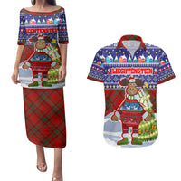 Liechtenstein Christmas Couples Matching Puletasi and Hawaiian Shirt with Reindeer Character Holiday Village and Plaid Sleeves - Wonder Print Shop
