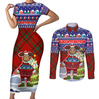 Liechtenstein Christmas Couples Matching Short Sleeve Bodycon Dress and Long Sleeve Button Shirt with Reindeer Character Holiday Village and Plaid Sleeves - Wonder Print Shop