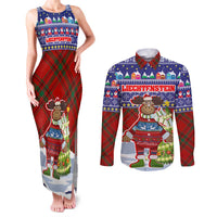 Liechtenstein Christmas Couples Matching Tank Maxi Dress and Long Sleeve Button Shirt with Reindeer Character Holiday Village and Plaid Sleeves - Wonder Print Shop