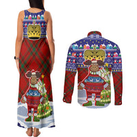 Liechtenstein Christmas Couples Matching Tank Maxi Dress and Long Sleeve Button Shirt with Reindeer Character Holiday Village and Plaid Sleeves - Wonder Print Shop