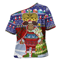 Liechtenstein Christmas Cross Shoulder Shirt with Reindeer Character Holiday Village and Plaid Sleeves - Wonder Print Shop