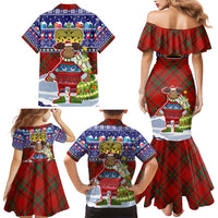 Liechtenstein Christmas Family Matching Mermaid Dress and Hawaiian Shirt with Reindeer Character Holiday Village and Plaid Sleeves - Wonder Print Shop