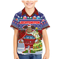Liechtenstein Christmas Family Matching Mermaid Dress and Hawaiian Shirt with Reindeer Character Holiday Village and Plaid Sleeves - Wonder Print Shop