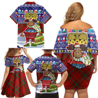 Liechtenstein Christmas Family Matching Off Shoulder Short Dress and Hawaiian Shirt with Reindeer Character Holiday Village and Plaid Sleeves - Wonder Print Shop
