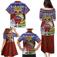 Liechtenstein Christmas Family Matching Puletasi and Hawaiian Shirt with Reindeer Character Holiday Village and Plaid Sleeves - Wonder Print Shop