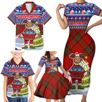 Liechtenstein Christmas Family Matching Short Sleeve Bodycon Dress and Hawaiian Shirt with Reindeer Character Holiday Village and Plaid Sleeves - Wonder Print Shop