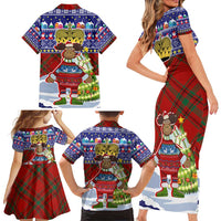 Liechtenstein Christmas Family Matching Short Sleeve Bodycon Dress and Hawaiian Shirt with Reindeer Character Holiday Village and Plaid Sleeves - Wonder Print Shop