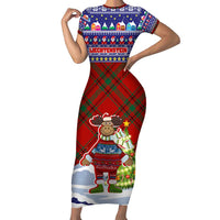 Liechtenstein Christmas Family Matching Short Sleeve Bodycon Dress and Hawaiian Shirt with Reindeer Character Holiday Village and Plaid Sleeves - Wonder Print Shop