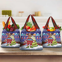 Liechtenstein Christmas Grocery Bag with Reindeer Character Holiday Village and Plaid Sleeves - undefined