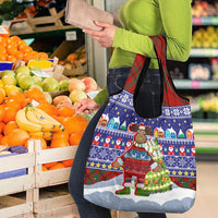 Liechtenstein Christmas Grocery Bag with Reindeer Character Holiday Village and Plaid Sleeves - undefined