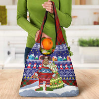 Liechtenstein Christmas Grocery Bag with Reindeer Character Holiday Village and Plaid Sleeves - undefined