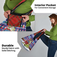 Liechtenstein Christmas Grocery Bag with Reindeer Character Holiday Village and Plaid Sleeves - undefined